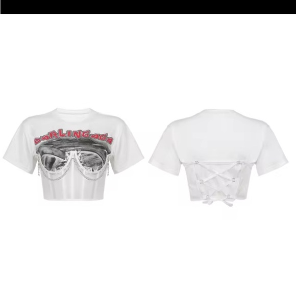 NWOT XL cropped cotton tee with mesh corset and chain detail on front lace up - Picture 4 of 5